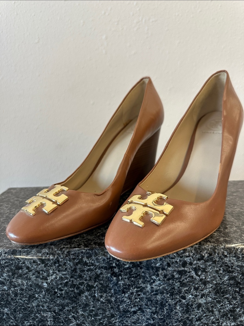 Tory Burch Brown Leather Wedges with Gold Logo